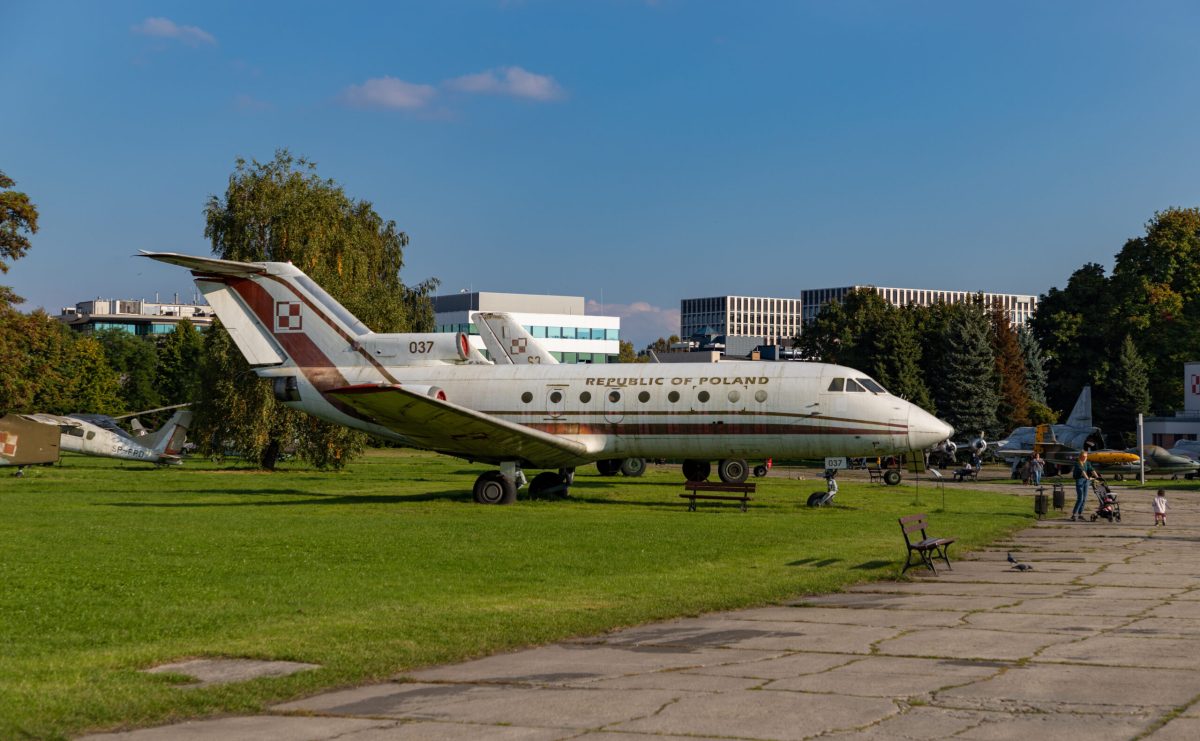 A picture of a Yakovlev Yak-40 Plane on the grounds of the Polish Aviation Museum.
