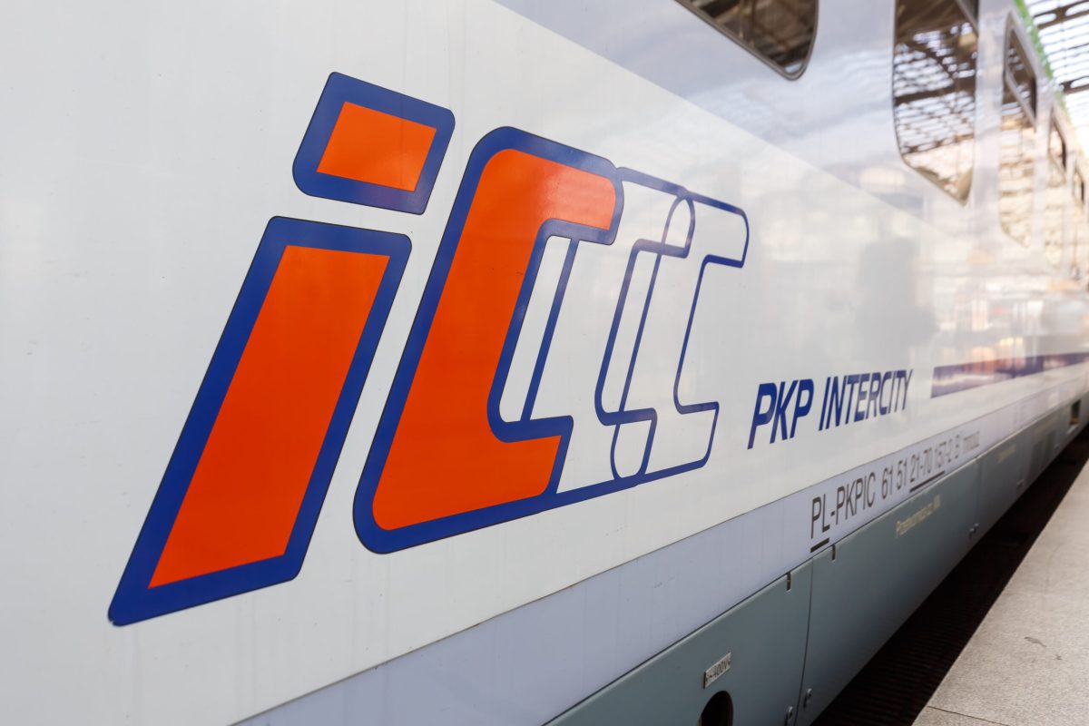 Berlin, Germany - August 20, 2020: IC Intercity PKP Logo train at Berlin main railway station Hauptbahnhof Hbf in Germany.