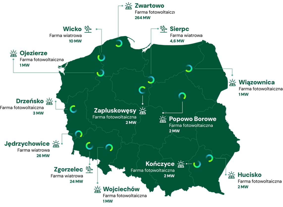 Mapa Polski z farmami i infrastrukturą OZE